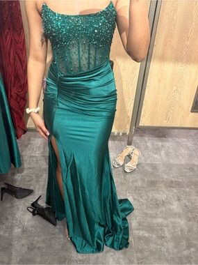 open lace back dress Lilia Sequin Velvet High Slit Column Dress